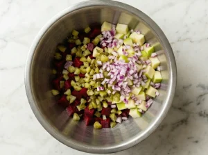 A top-down view of a metal mixing bowl containing separate piles of diced beets, green apples, pickles, and finely minced red onion.