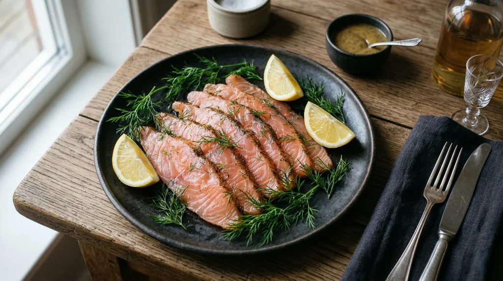 Thinly sliced Swedish gravlax with fresh dill and lemon wedges on a dark ceramic plate, side-lit by natural light.