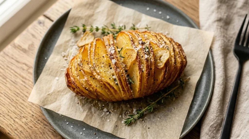 Top-down view of a freshly baked Hasselback potato topped with garlic chips, flaky salt, and black pepper, resting on parchment paper over a ceramic plate.
