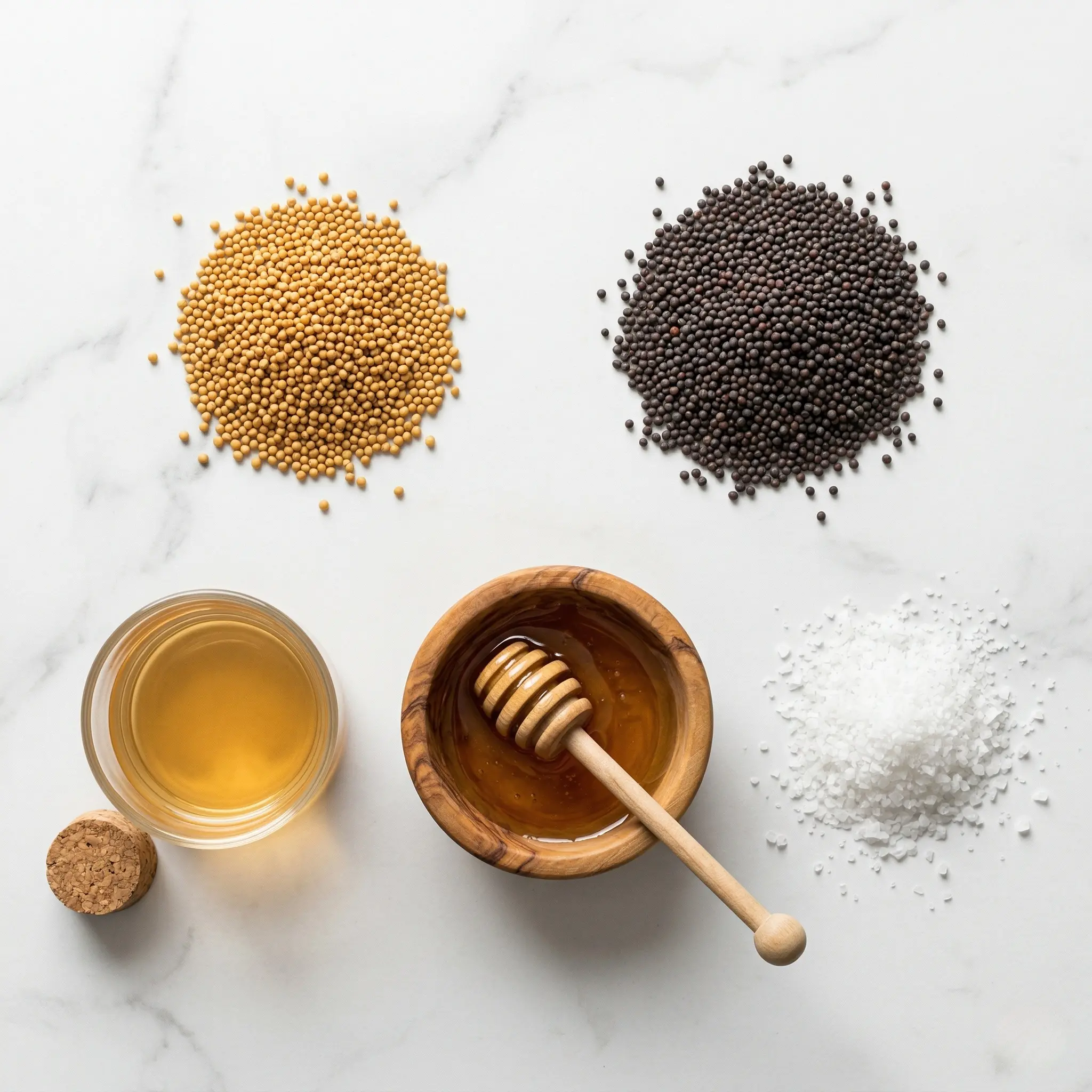 Top-down view of mustard ingredients neatly arranged on a white marble surface, including piles of yellow and black mustard seeds, a small glass of apple cider vinegar, a wooden bowl of honey with a dipper, and a pinch of coarse sea salt.