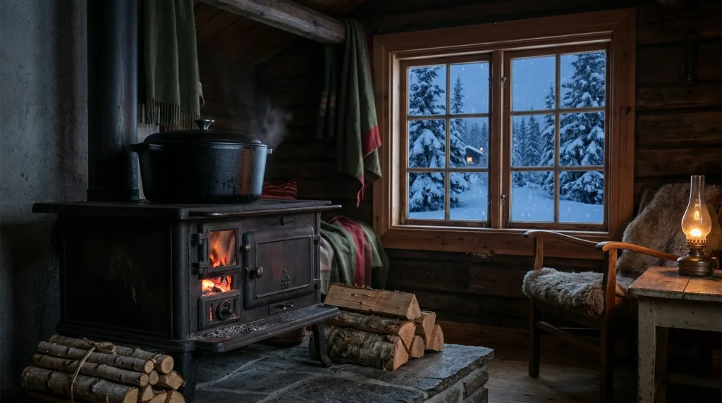 A heavy black cooking pot resting on a rustic wood stove burning low, with a snowy spruce forest visible through a nearby window.