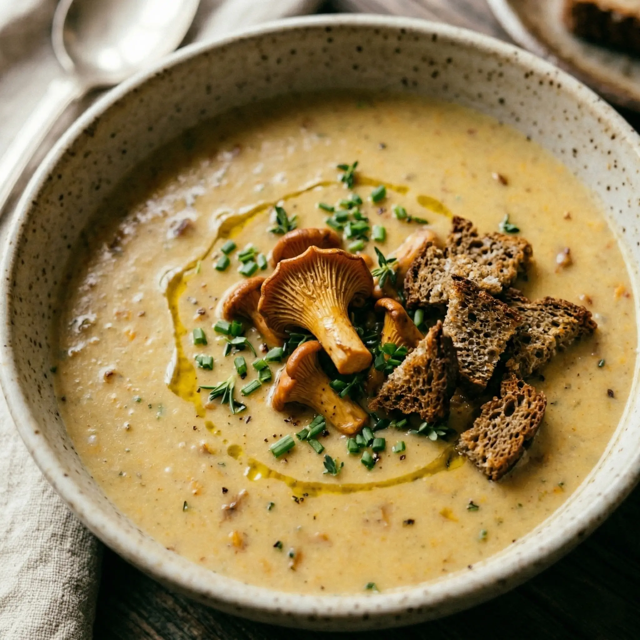 A bowl of creamy chanterelle soup topped with whole sautéed mushrooms, fresh herbs, and dark rye croutons.