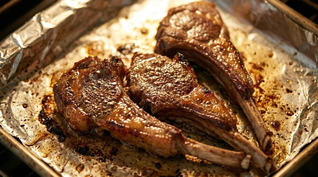 Macro shot of cooked lamb ribs on a foil-lined baking sheet, with the fat bubbling and turning a crispy golden-brown.