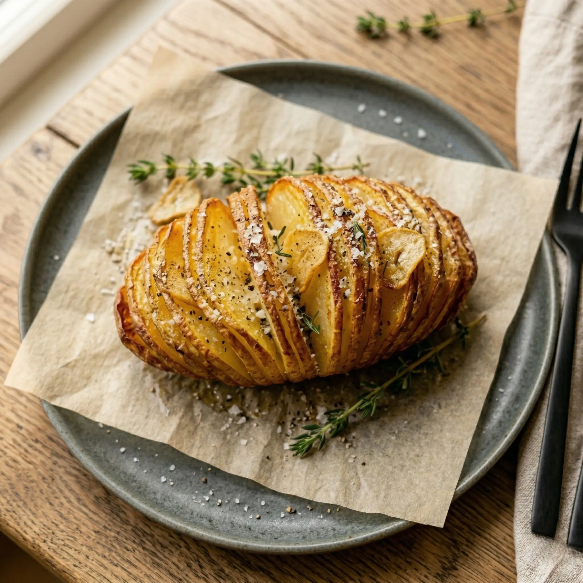 Top-down view of a freshly baked Hasselback potato topped with garlic chips, flaky salt, and black pepper, resting on parchment paper over a ceramic plate.