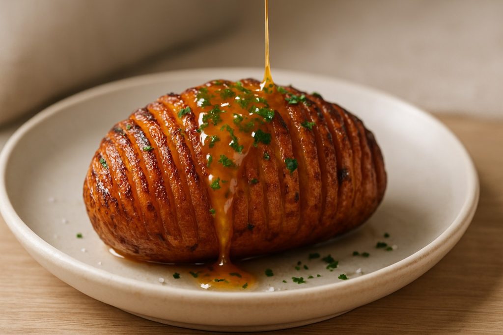 Crispy Hasselback potato with golden ridges and melted butter drizzle on a Nordic-style plate