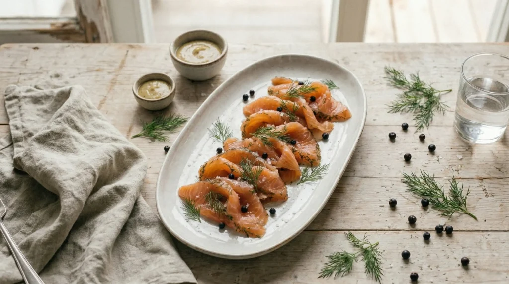 A horizontal serving platter of silky, translucent gravlax slices garnished with peppercorns and dill.