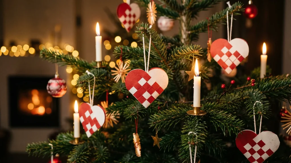 Close-up of a Danish Christmas tree branch decorated with traditional red and white woven paper heart baskets, small Danish flags, and white candles, with warm bokeh light behind.