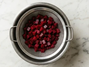 Diced pickled red beets resting in a stainless steel mesh strainer over a metal bowl to drain excess juice.