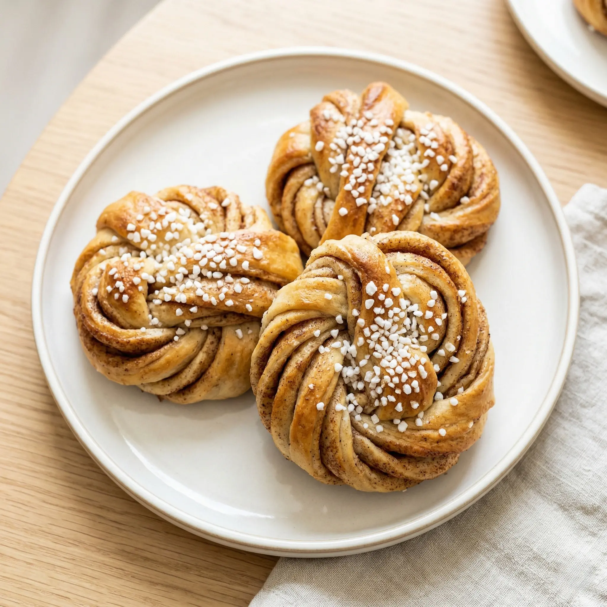Overhead view of three cardamom-spiced cinnamon buns on a simple plate, highlighting the layered dough.