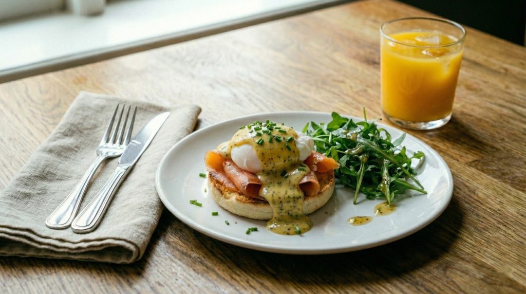 Eggs Benedict with gravlax and hovmästarsås on an English muffin, served with arugula salad.