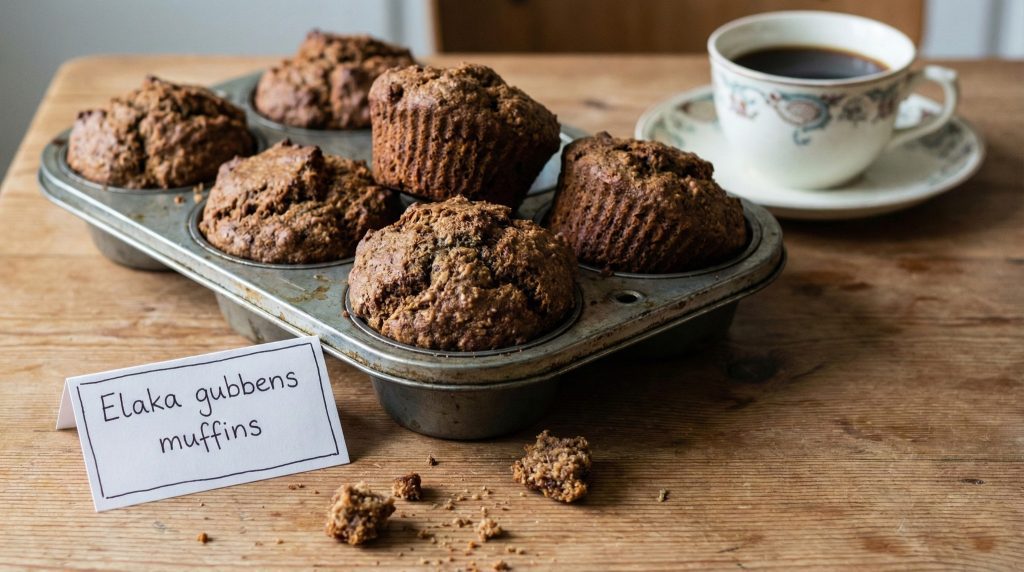 Close-up DSLR photo of rustic, dark spiced muffins in a vintage metal tin on a wooden table with a cup of coffee and a hand-written name card.