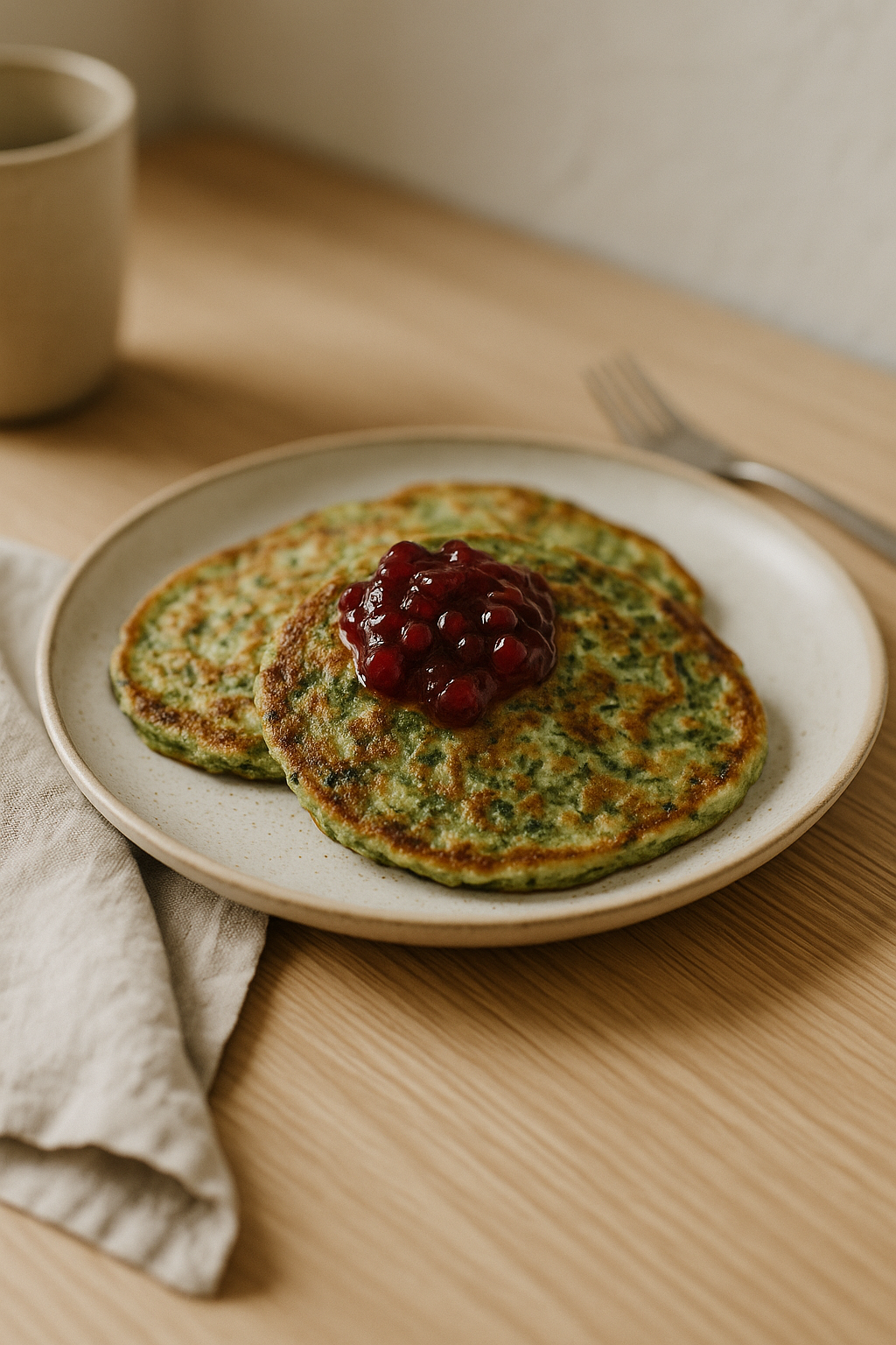 Two spinach pancakes on a simple ceramic plate, topped with lingonberry jam, on a light wooden table in soft Nordic daylight.