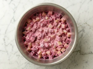 A large bowl of bright pink, creamy Swedish beetroot salad