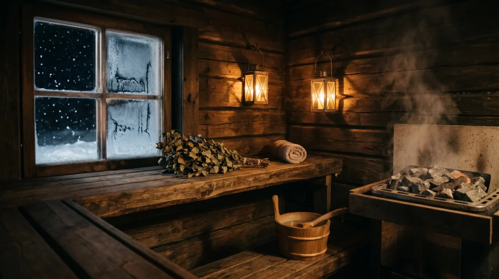The interior of a traditional Finnish wooden sauna on Christmas Eve, with steam rising from a wood-burning kiuas, birch branches on the bench, and candlelight glowing through a frost-covered window.