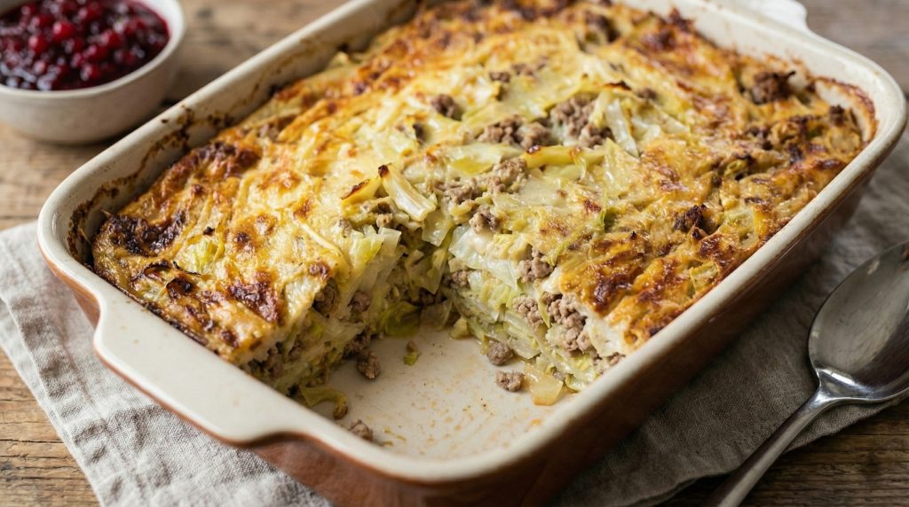 Finnish cabbage casserole (kaalilaatikko) in a ceramic baking dish with a slice removed, showing cabbage and ground meat layers, with lingonberries in the background.