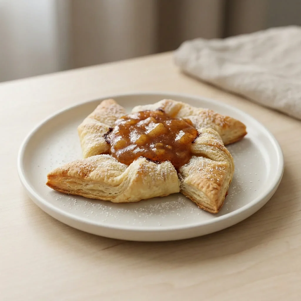 A single golden Finnish Christmas star tart (joulutorttu) filled with chunky apple-cinnamon jam and dusted with powdered sugar, served on a white ceramic plate on a light wood table