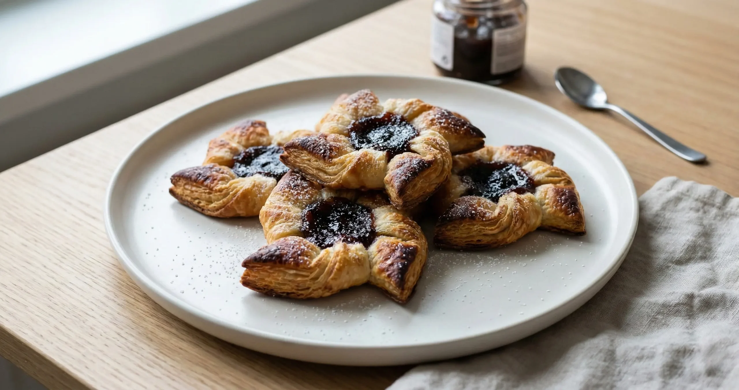 Golden, flaky Finnish Christmas star tarts (joulutorttu) filled with dark plum jam and dusted with powdered sugar, served on a white ceramic plate
