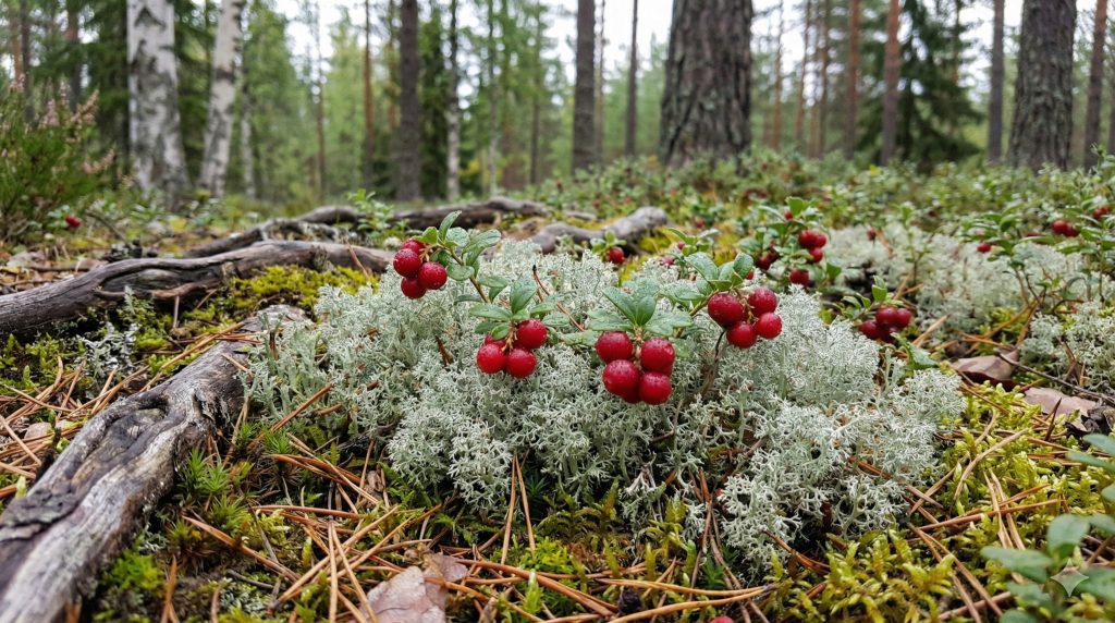 A crisp, close-up photograph of bright red lingonberries growing amidst pale, silvery-green reindeer lichen on a Finnish forest floor covered in pine needles and moss.