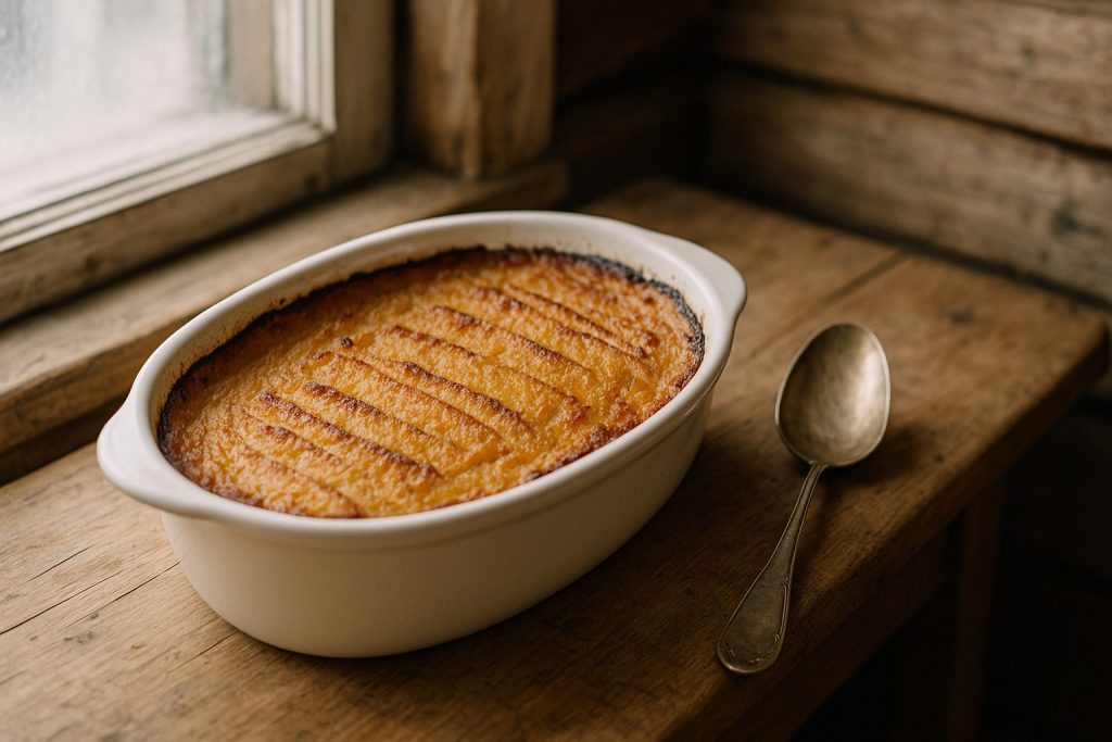 Traditional lanttulaatikko (rutabaga casserole) from Finland baked until golden on top, served in a white oval dish on a rustic wooden table near a frosted Nordic window