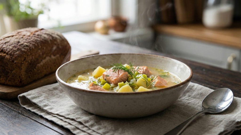 Steaming bowl of Finnish lohikeitto creamy salmon soup with potatoes, leeks, and dill on a rustic table.
