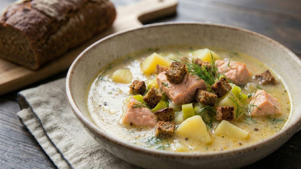 Finnish lohikeitto salmon soup with potatoes, leeks, dill, and rye croutons in a rustic bowl