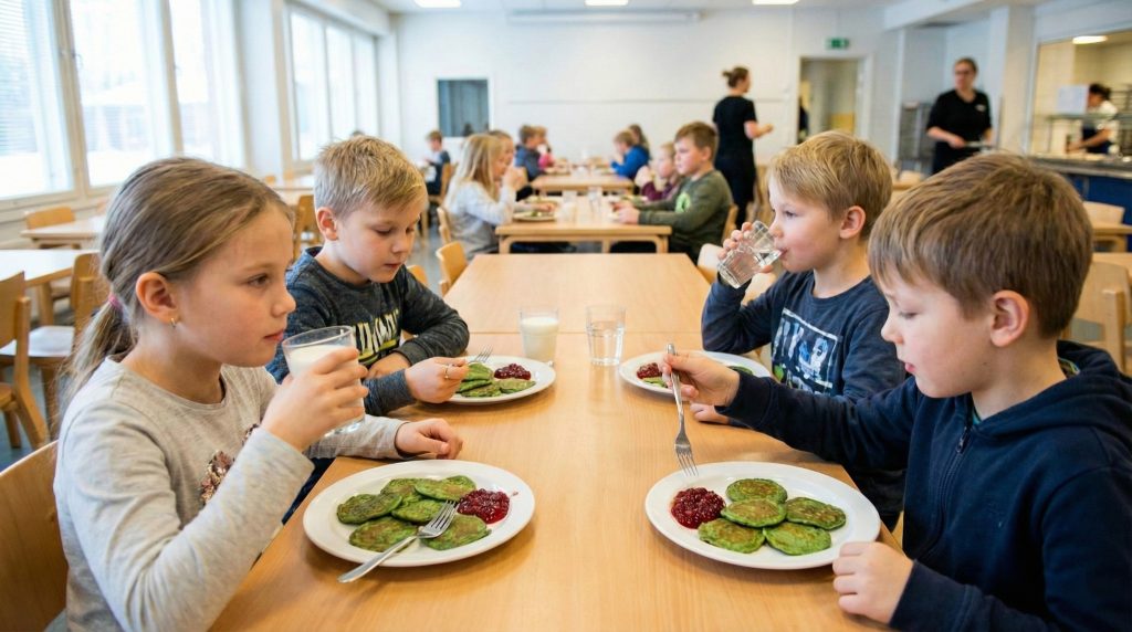 A group of Finnish elementary school children eating spinach pancakes (pinaattiletut) with lingonberry jam and milk in a bright school cafeteria.