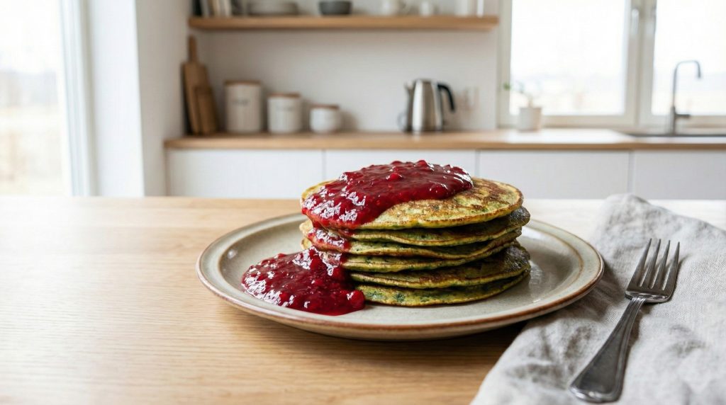 A stack of authentic Finnish spinach pancakes (pinaattiletut) topped with smooth, crushed lingonberry jam on a ceramic plate in a modern Nordic kitchen.