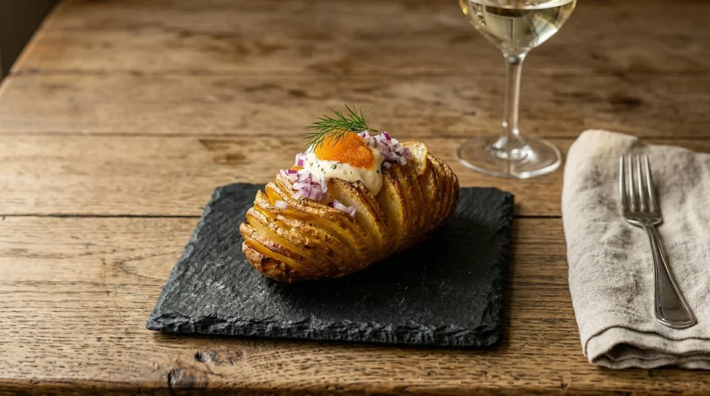 A gourmet baked Hasselback potato topped with sour cream, diced red onion, fresh dill, and Kalix Löjrom, served on a dark slate board.