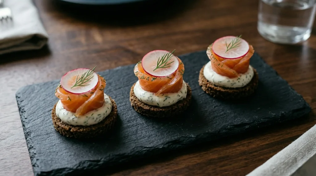 Three salmon rosettes on rye bread rounds with herbed crème fraîche and radish slices, served on a black slate.