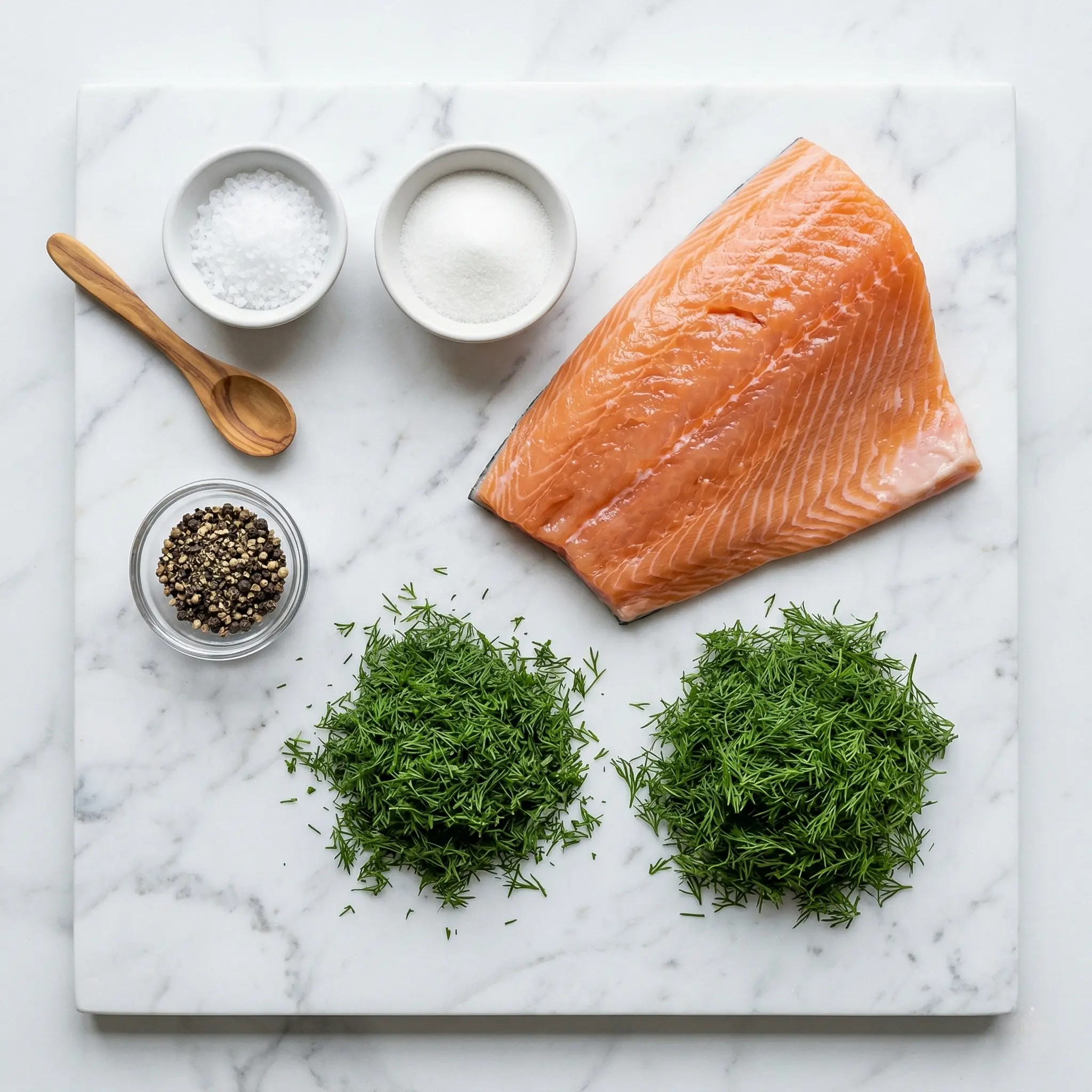Top-down view of a 1kg center-cut salmon fillet with sea salt, sugar, black pepper, and chopped dill on a white marble surface.