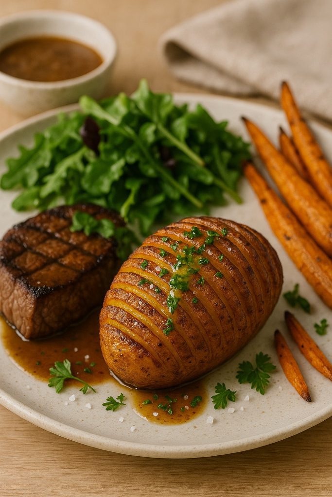 Crispy Hasselback potato served with a medium-rare steak, roasted carrots, and fresh greens on a Nordic-style plate