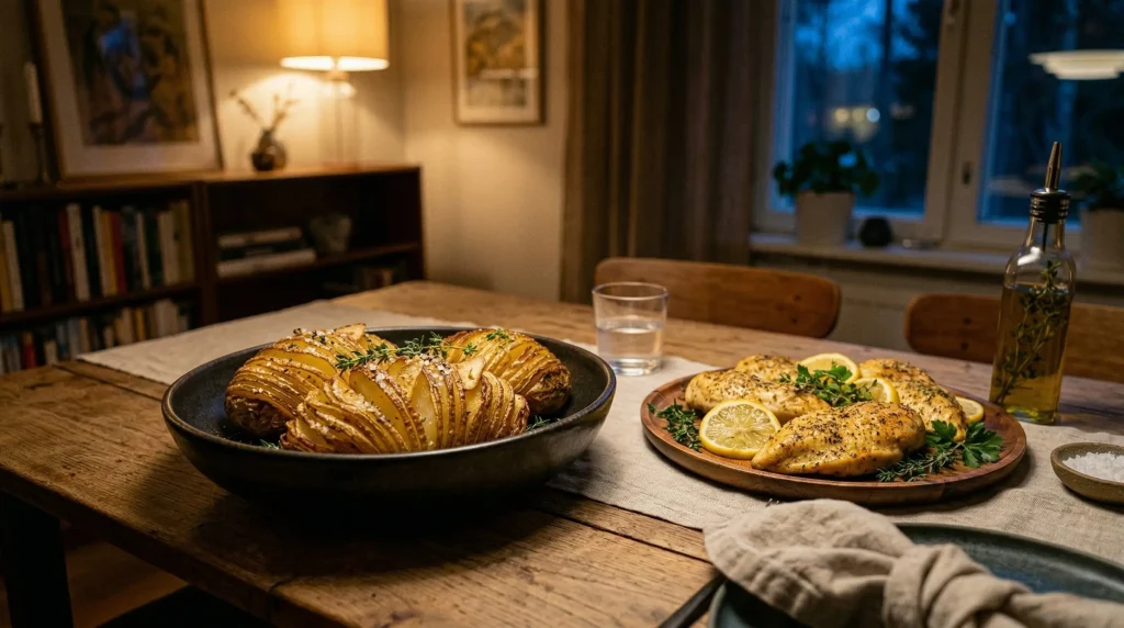 A rustic dinner table setting featuring a large dark bowl of roasted Hasselback potatoes served alongside a wooden platter of lemon herb chicken breasts.