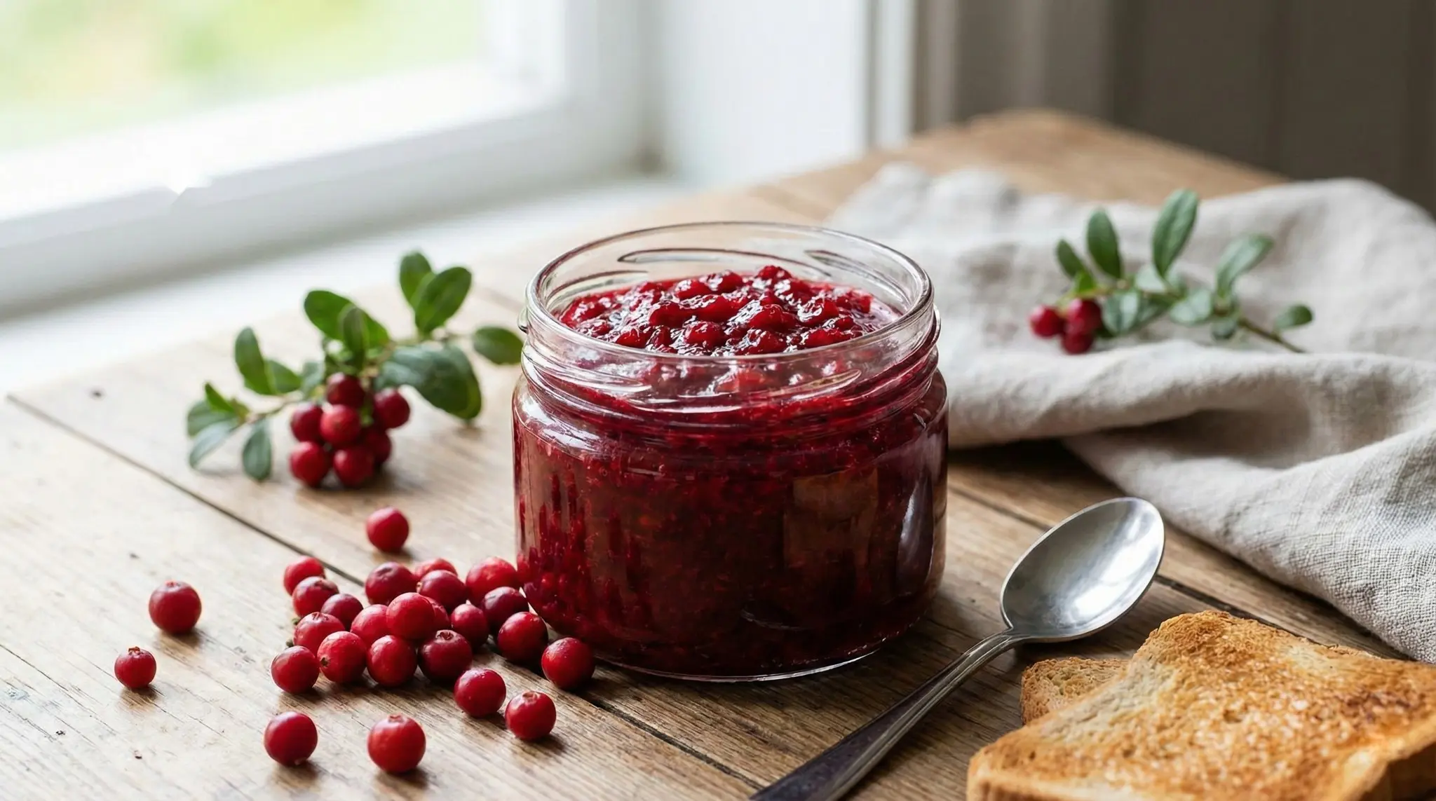 A glass jar of homemade lingonberry jam on a wooden board with fresh lingonberries and toast