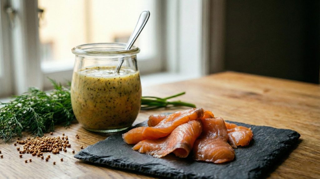 Jar of homemade Swedish hovmästarsås mustard-dill sauce with gravlax slices on a slate board.