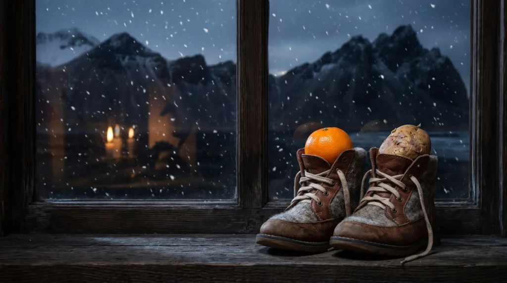 Two children's shoes placed on an Icelandic windowsill on a dark snowy December night, one containing a small orange and the other a rotten potato, left for the Yule Lads.
