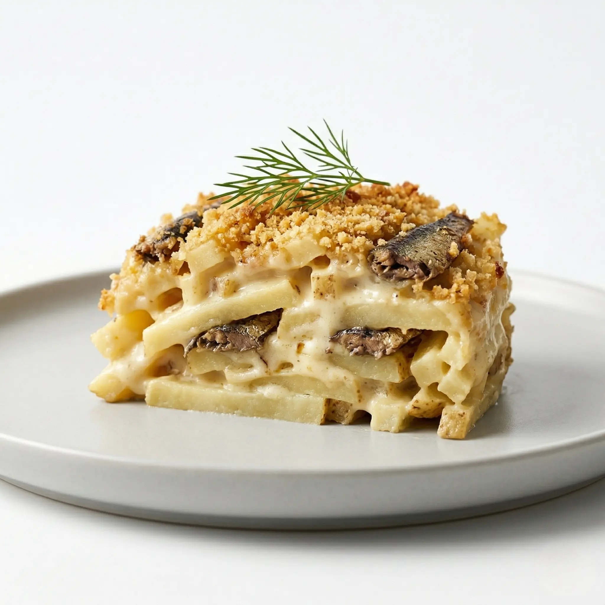 A square serving of Jansson's Temptation on a grey ceramic plate garnished with a sprig of fresh dill.