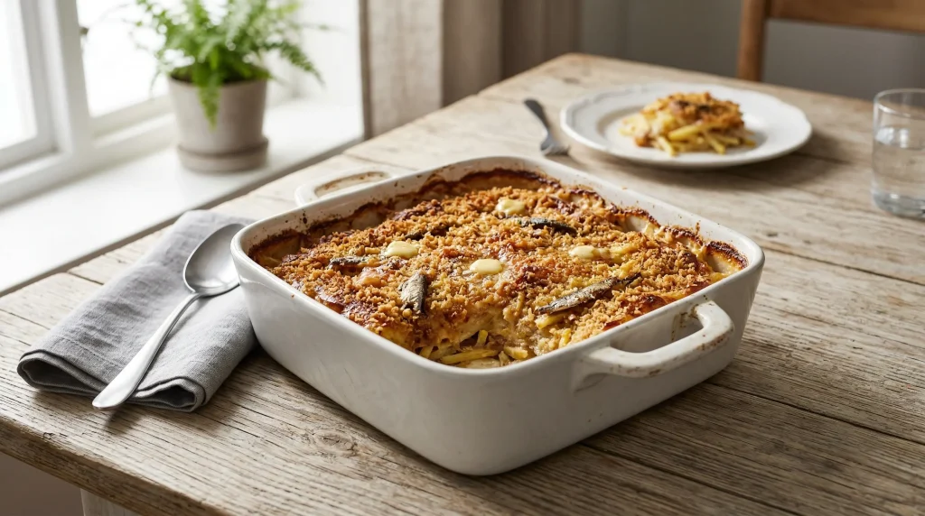 A finished Swedish Jansson’s Temptation casserole in a white ceramic baking dish on a rustic wooden table with a side serving on a plate.