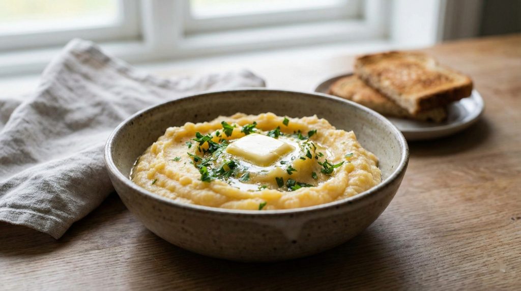 Bowl of creamy Kålrabistappe (Norwegian rutabaga mash) topped with melting butter and chopped herbs on a wooden table.