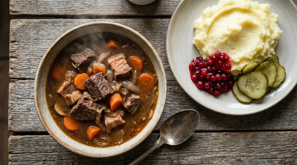 A bowl of traditional Finnish Karelian hot pot served with mashed potatoes, lingonberry jam, and pickled cucumbers.