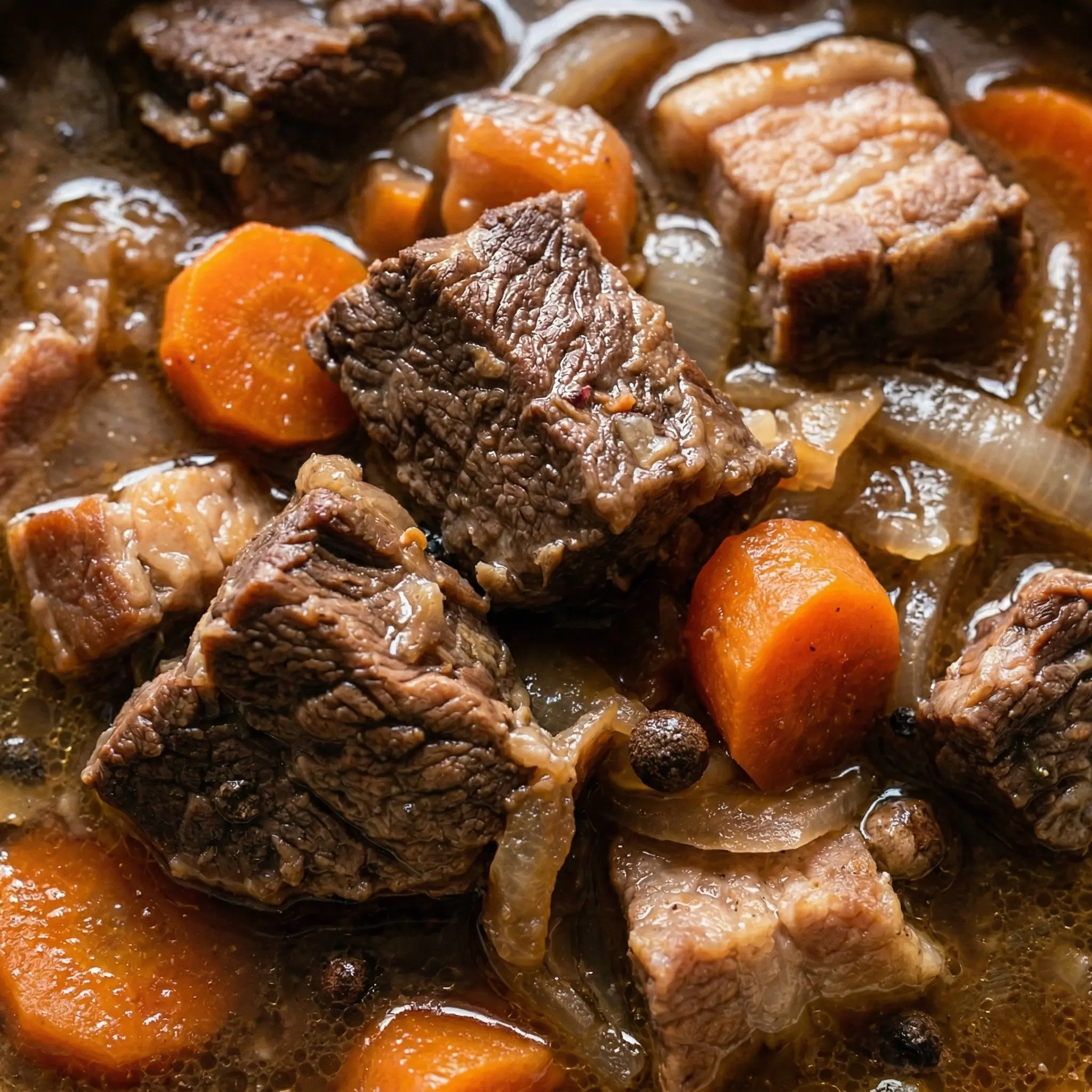 Close-up of fork-tender beef and pork cubes, thick carrots, and onions in a rich, savory Karelian hot pot broth.