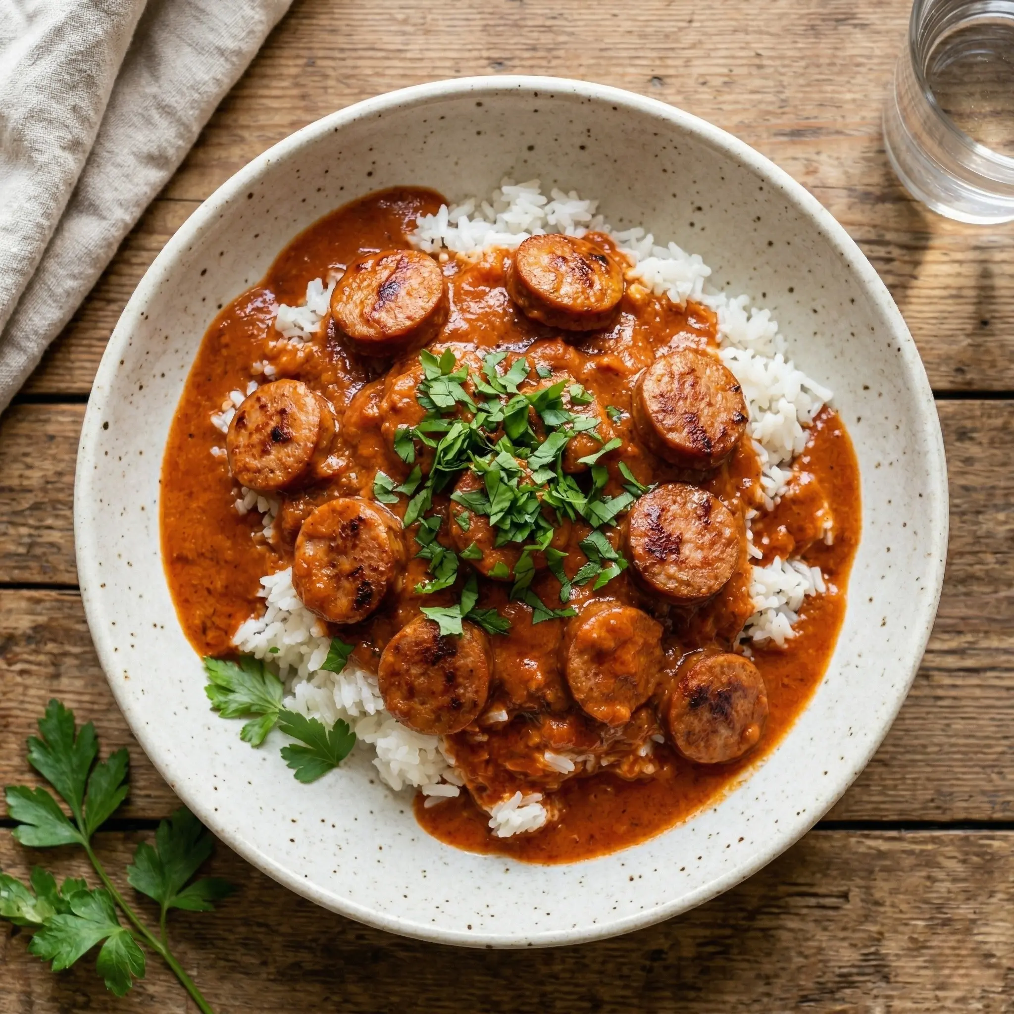 Top-down view of Swedish sausage stroganoff in a ceramic bowl, showing a glossy tomato-cream sauce and bite-sized smoked sausage pieces.