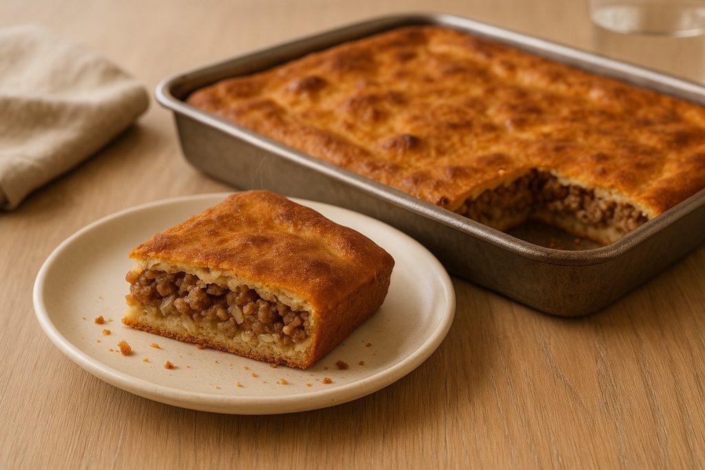 Slice of Finnish levylihapiirakka meat pie on a ceramic plate with the full baked pie in a metal pan in the background, golden crust and hearty minced meat and rice filling, photographed in warm Nordic daylight