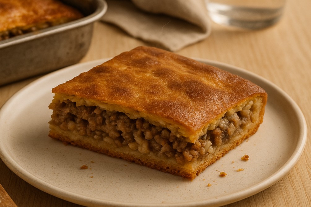 Slice of Finnish levylihapiirakka meat pie on a simple ceramic plate, showing its golden baked crust and savory minced meat and rice filling, photographed in warm natural Nordic daylight.