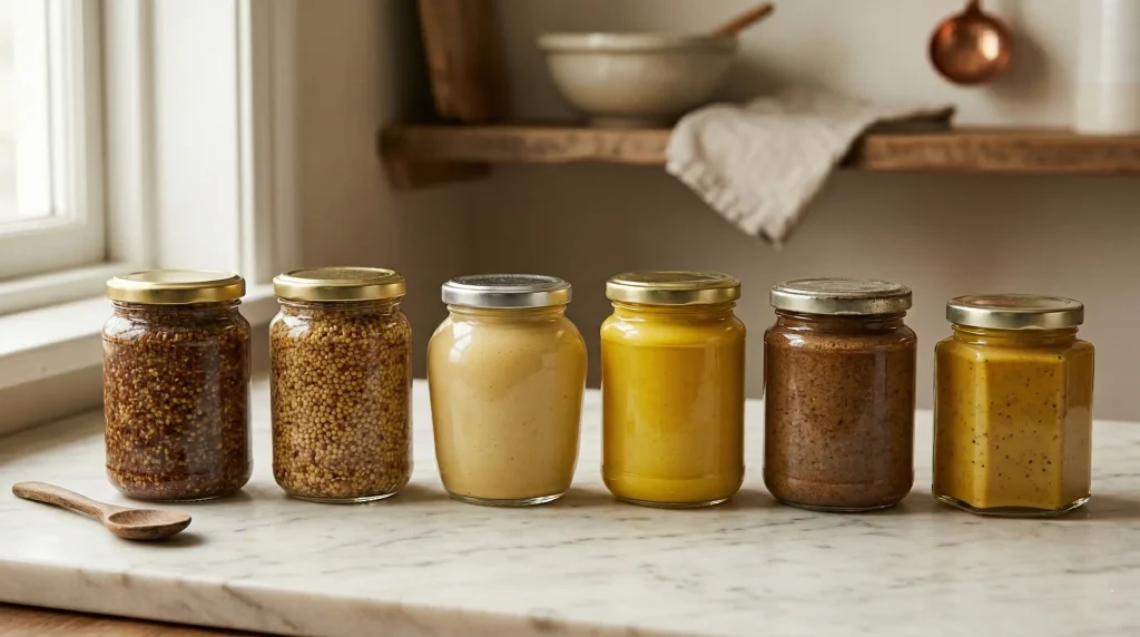 Six different glass jars of mustard arranged in a row on an off-white marble counter, showcasing a variety of textures and colors ranging from dark, coarse seeds to smooth, bright yellow pastes.