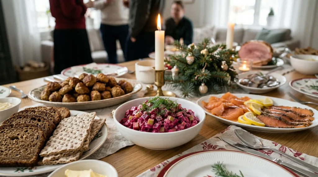A cozy Swedish Christmas smörgåsbord table featuring beet salad, golden meatballs, smoked salmon, and rye bread.