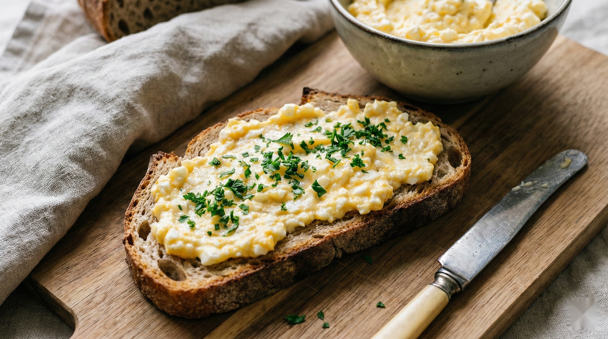 Nordic egg salad (munavoi) no-mayo spread on rustic toast, topped with chopped herbs on a wooden board.