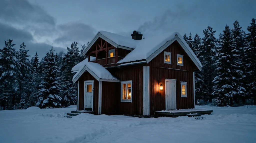 A traditional red Norwegian wooden farmhouse at dusk in deep winter, with warm light glowing from the windows, heavy snow on the roof, a lantern by the front door, and dark pine forest behind.