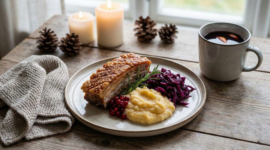 Norwegian Christmas plate with crispy ribbe (pork belly), rutabaga mash, braised red cabbage, and lingonberries, served by candlelight.