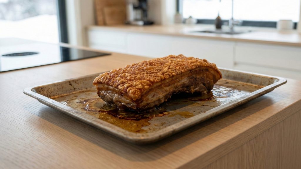 Crispy roasted pork belly with blistered crackling on a baking tray in a bright kitchen.