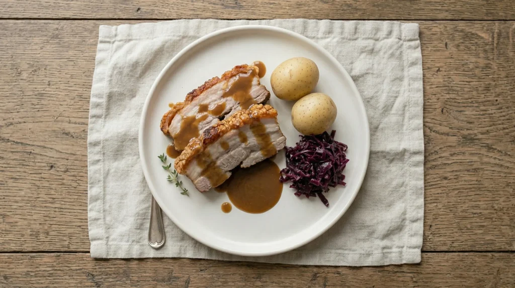 Norwegian ribbe Christmas dinner served with crispy pork belly, potatoes, gravy, and red cabbage